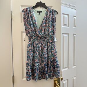 BCBG Paris Blue and Pink Floral Midi Dress